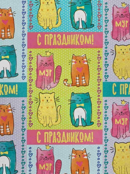 Обложка книги «Упаковочная бумага Котики, для сувенирной продукции в листах размером 10070 см, с полноцветным декоративным рисунком + лак, плотность 80 гм2, свернута в рулон арт.79717», ISBN 4650100698926