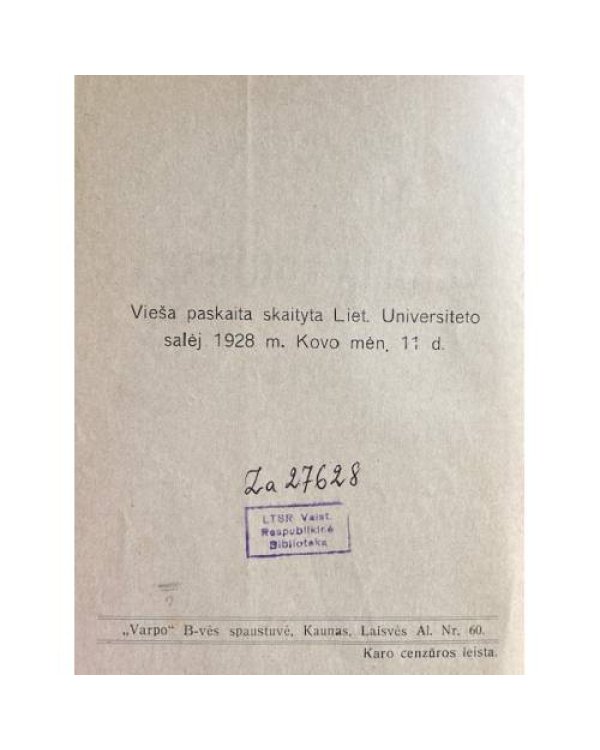Prof. V. Čepinskis – Religija ir mokslas (Vieša paskaita skaityta Liet. Universiteto salėj 1928 m. kovo mėn. 11 d.)