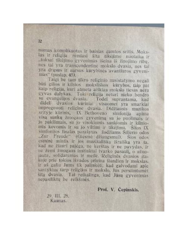 Prof. V. Čepinskis – Religija ir mokslas (Vieša paskaita skaityta Liet. Universiteto salėj 1928 m. kovo mėn. 11 d.)