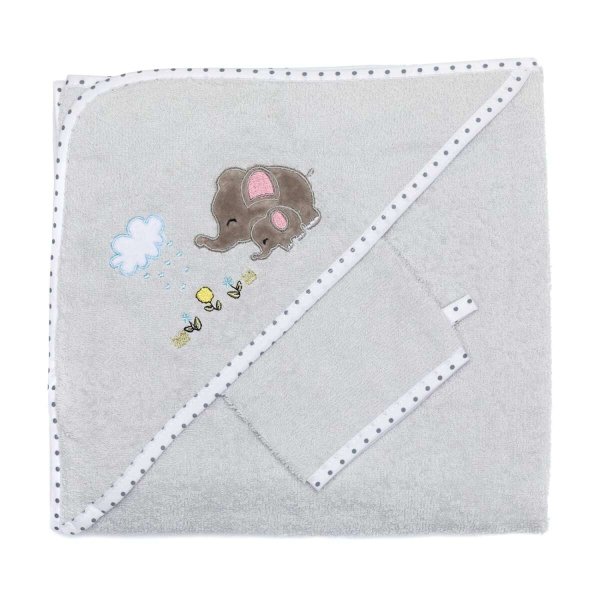 Fillikid Elephant Towel Art.1030-97 Детский комплект для ванной махровое Полотенце с капюшоном 100х100 см + рукавичка для мытья