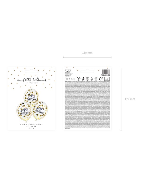 Confetti balloons - Happy New Year, 27cm, gold (1 pkt / 3 pc.)
