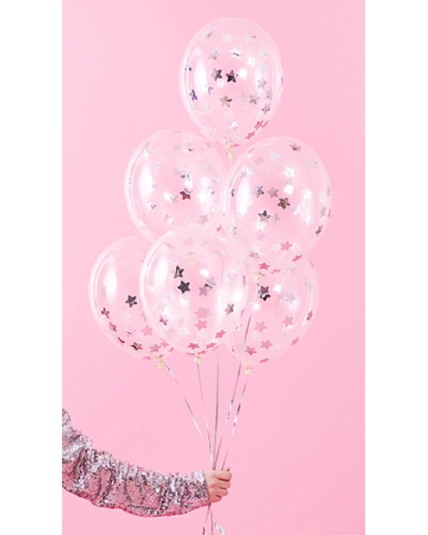 Confetti balloons - stars, 30cm, silver (1 pkt / 6 pc.)
