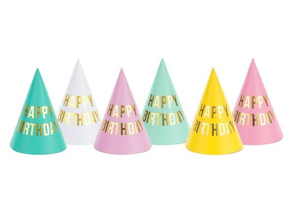 Party hats Happy Birthday, mix, 16cm (1 pkt / 6 pc.) Party hats Happy Birthday, mix, 16cm (1 pkt / 6 pc.)