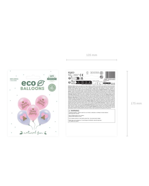 Eco Balloons 33 cm, Happy Birthday, mix (1 pkt / 5 pc.)