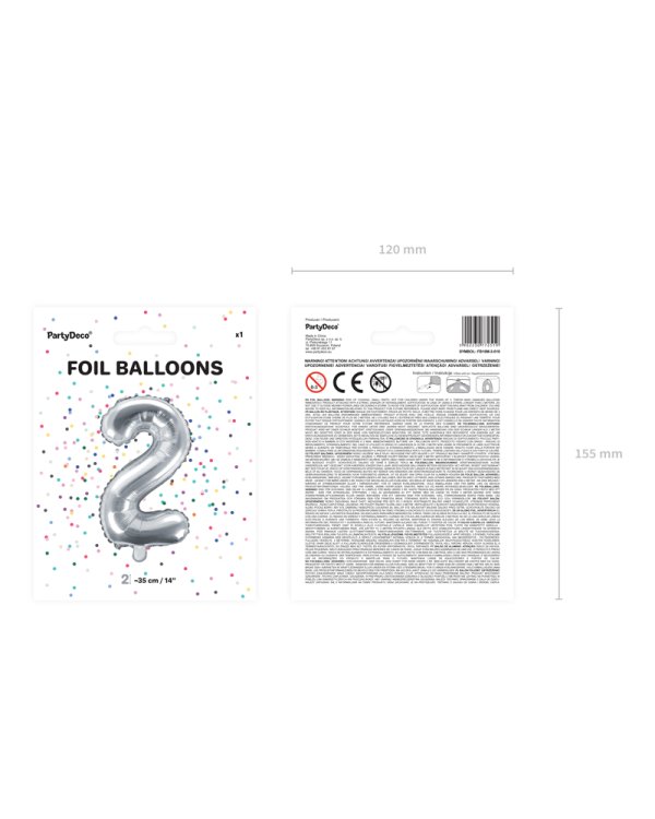 Foil Balloon Number ''2'', 35cm, silver