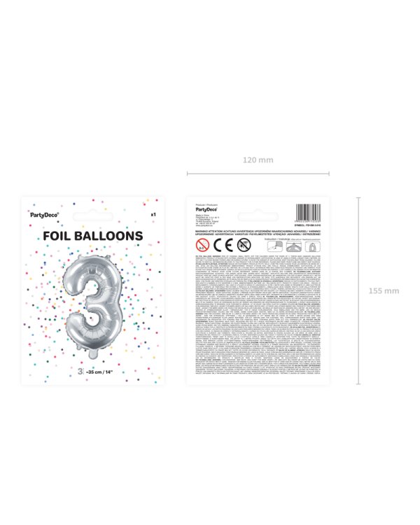 Foil Balloon Number ''3'', 35cm, silver