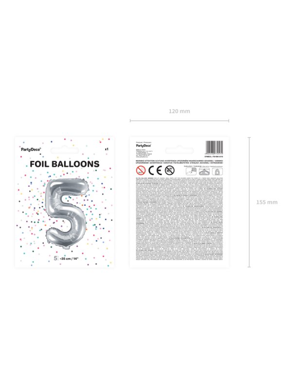 Foil Balloon Number ''5'', 35cm, silver