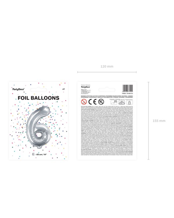 Foil Balloon Number ''6'', 35cm, silver
