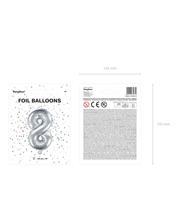 Foil Balloon Number ''8'', 35cm, silver