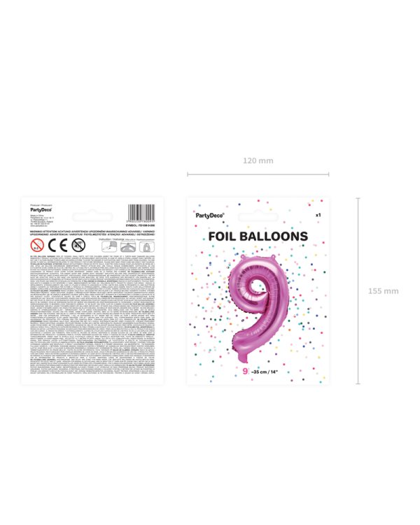 Foil Balloon Number ''9'', 35cm, dark pink