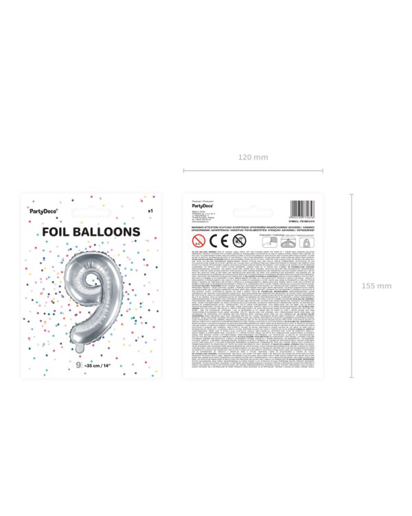 Foil Balloon Number ''9'', 35cm, silver