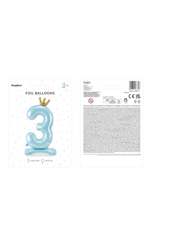 Standing foil balloon Number ''3'' , 84 cm, sky-blue