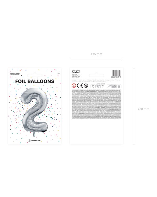 Foil Balloon Number ''2'', 86cm, silver
