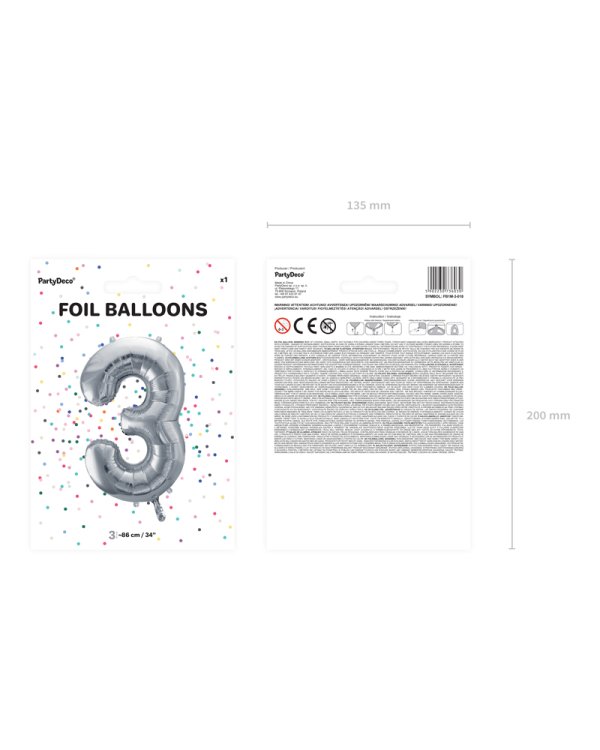 Foil Balloon Number ''3'', 86cm, silver