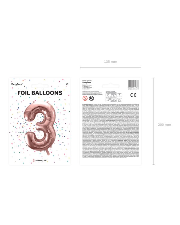 Foil Balloon Number ''3'', 86cm, rose gold