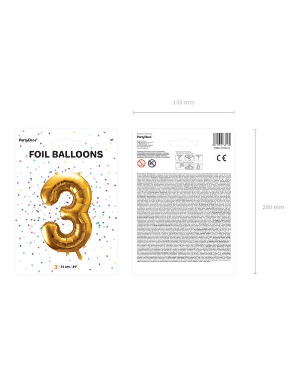 Foil Balloon Number ''3'', 86cm, gold