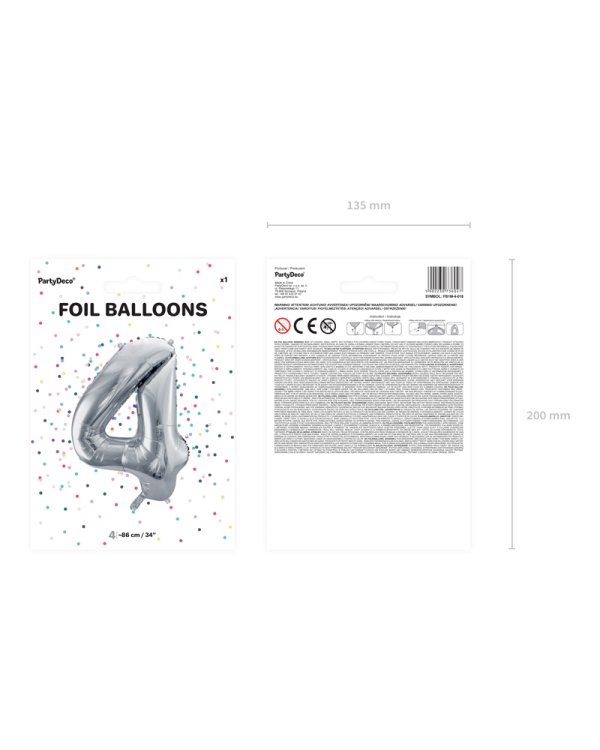 Foil Balloon Number ''4'', 86cm, silver