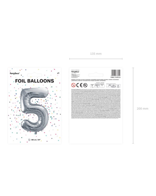 Foil Balloon Number ''5'', 86cm, silver