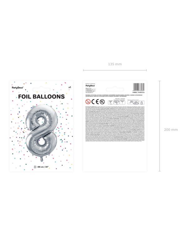 Foil Balloon Number ''8'', 86cm, silver