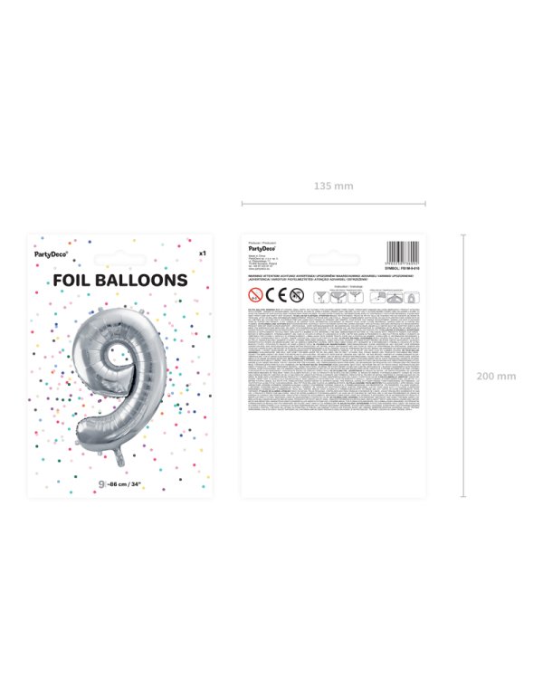 Foil Balloon Number ''9'', 86cm, silver