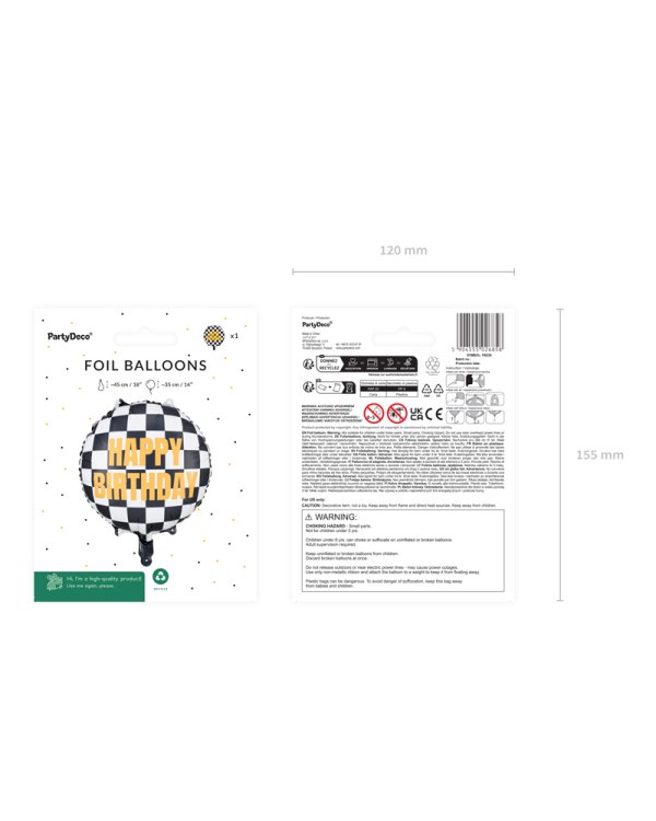 Foil balloon Checkered flag Happy Birthday, 45 cm, mix