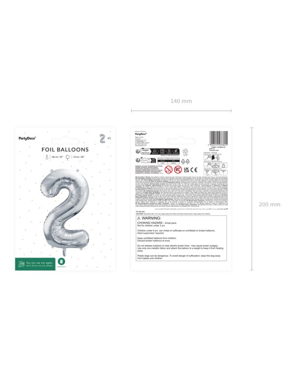 Foil Balloon Number ''2'', 72cm, silver