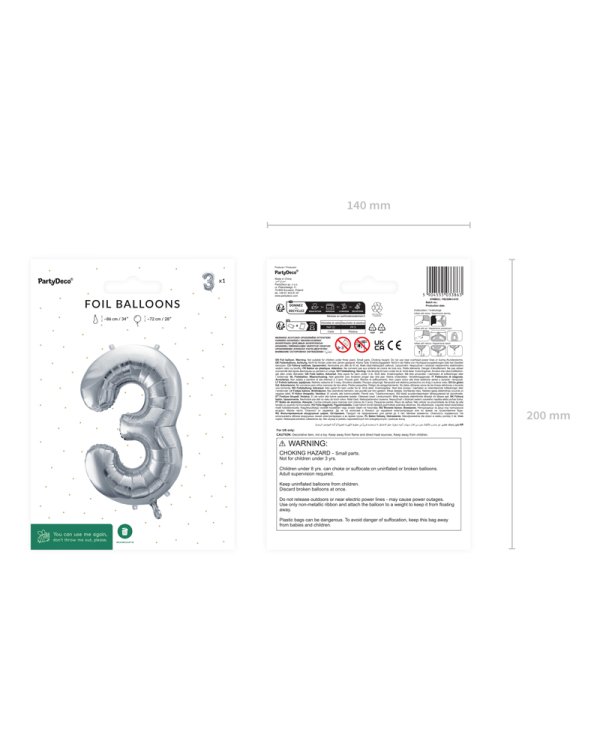 Foil Balloon Number ''3'', 72cm, silver
