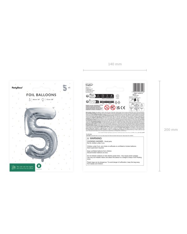 Foil Balloon Number ''5'', 72cm, silver
