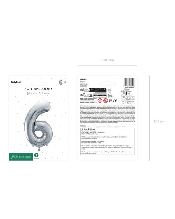 Foil Balloon Number ''6'', 72cm, silver