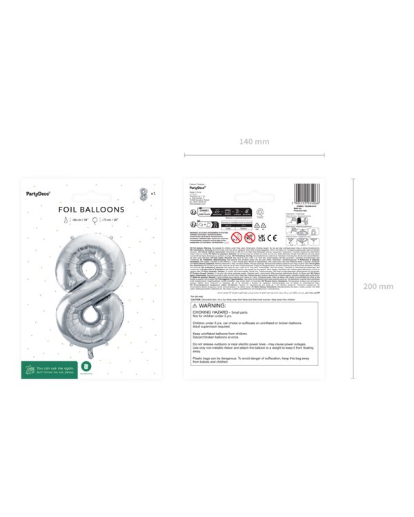 Foil Balloon Number ''8'', 72cm, silver