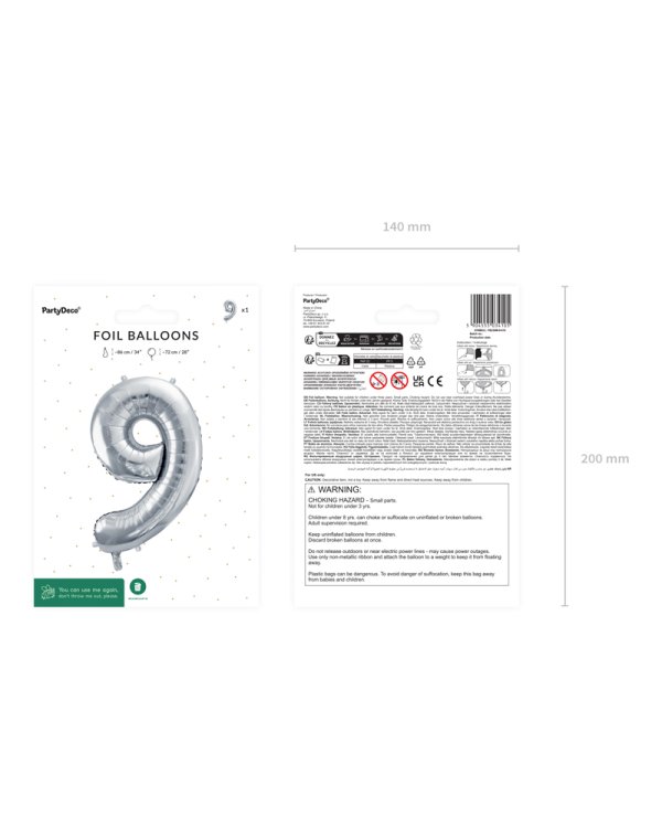 Foil Balloon Number ''9'', 72cm, silver
