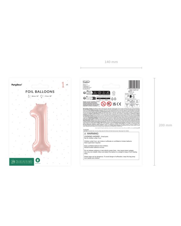 Foil Balloon Number ''1'', 72cm, light pink