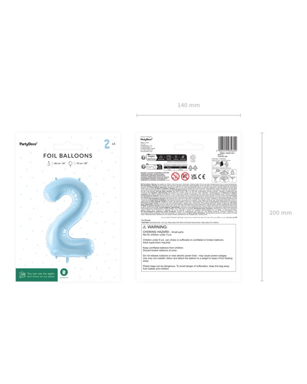Foil Balloon Number ''2'', 72cm, light blue