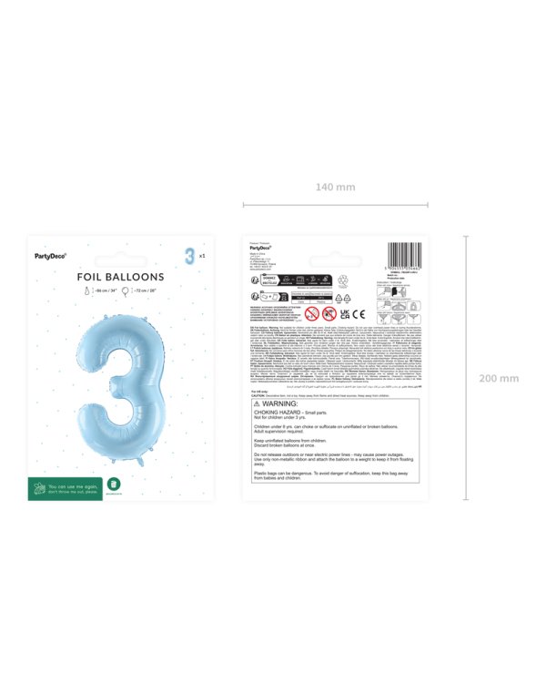 Foil Balloon Number ''3'', 72cm, light blue