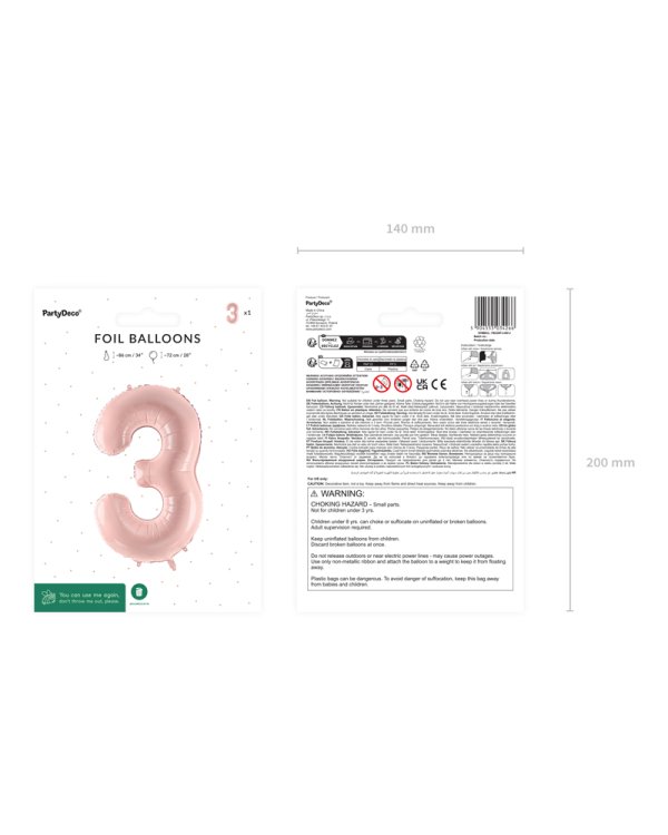Foil Balloon Number ''3'', 72cm, light pink