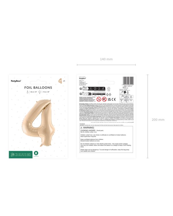 Foil Balloon Number ''4'',72cm, beige