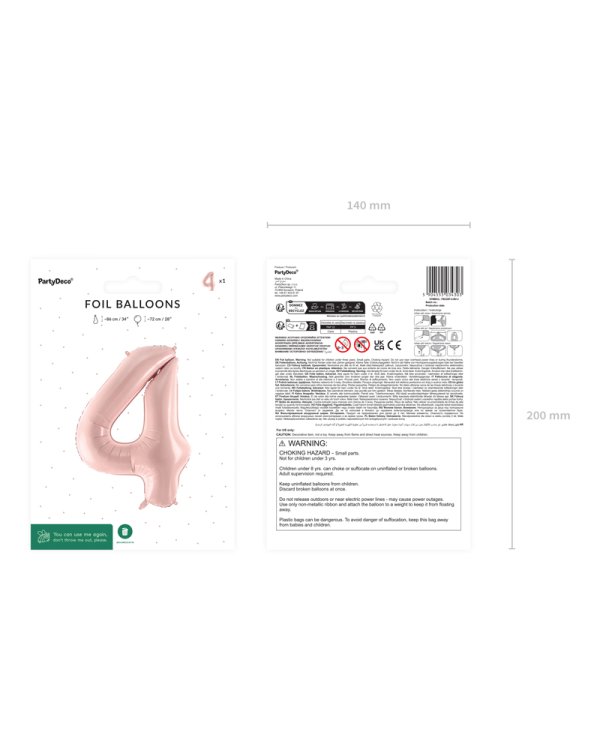 Foil Balloon Number ''4'', 72cm, light pink