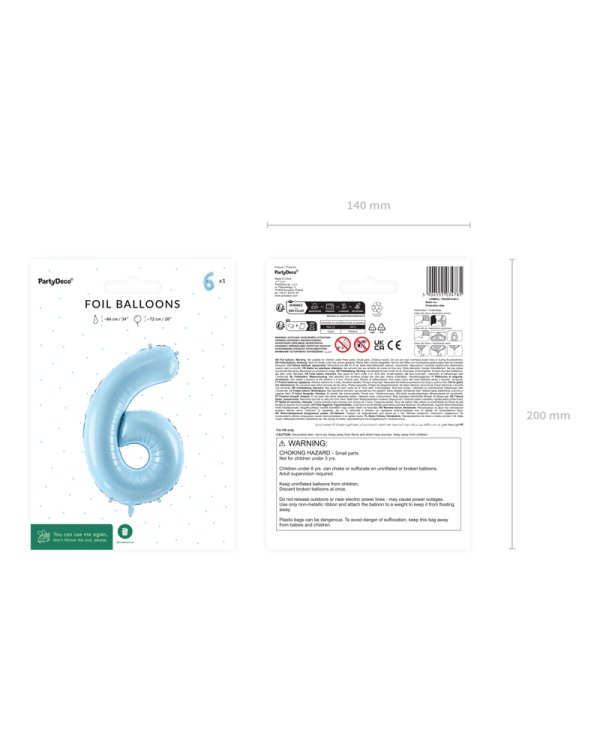 Foil Balloon Number ''6'', 72cm, light blue