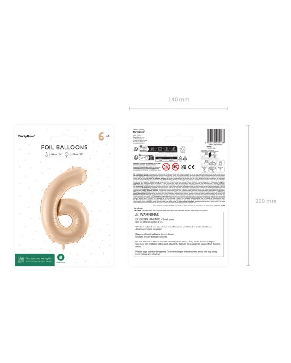 Foil Balloon Number ''6'', 72cm, beige