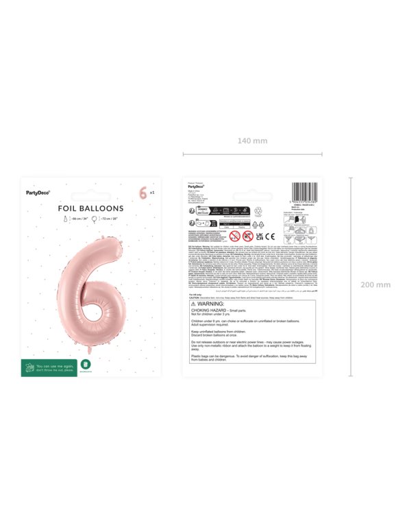 Foil Balloon Number ''6'', 72cm, light pink