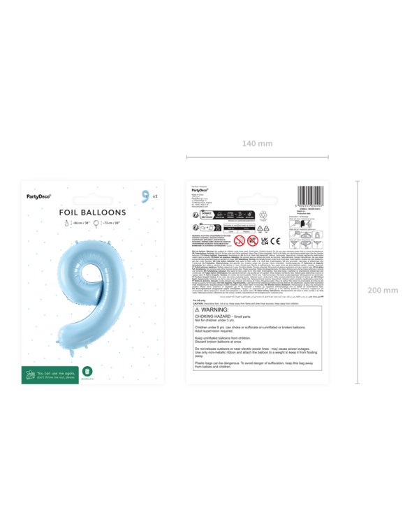 Foil Balloon Number ''9'', 72cm, light blue