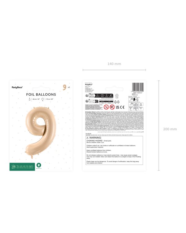 Foil Balloon Number ''9'', 72cm, beige