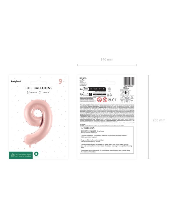 Foil Balloon Number ''9'', 72cm, light pink