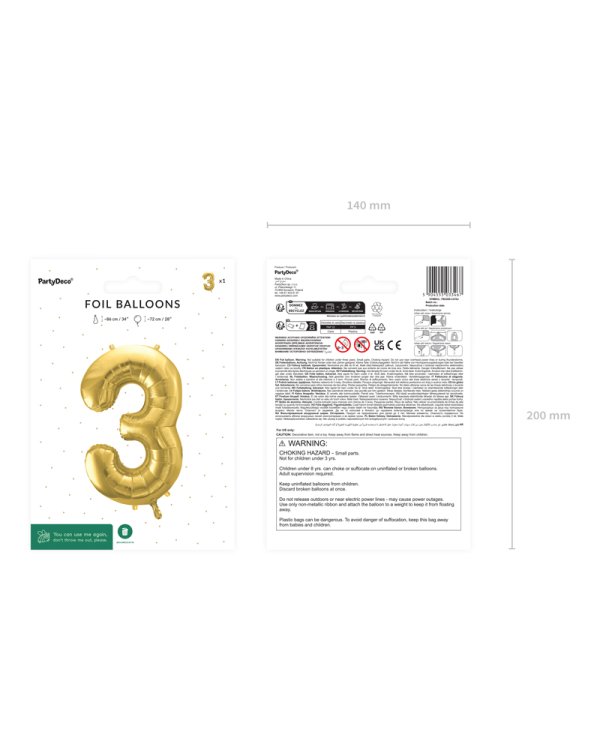 Foil Balloon Number ''3'', 72cm, light gold