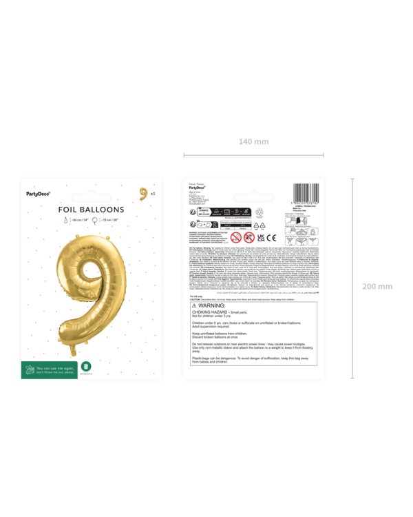 Foil Balloon Number ''9'', 72cm, light gold
