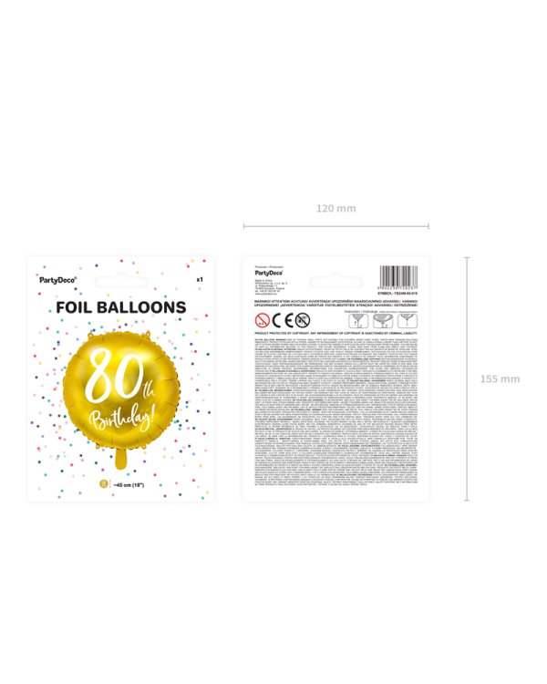 Foil Balloon 80th Birthday, gold, 45cm