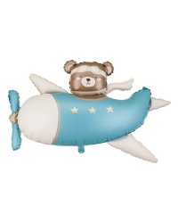 Foil balloon Bear in Airplane, 94x61 cm, light blue