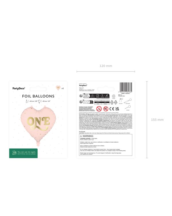Foil balloon Heart ''One'', 45 cm, light pink