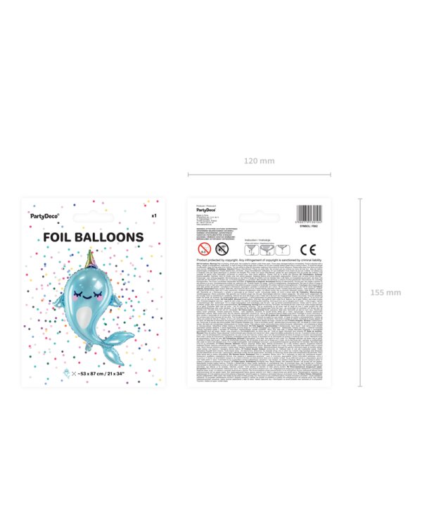 Foil balloon Narwhal, 53x87cm, mix