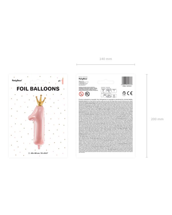 Foil Balloon Number ''1'', 30x90cm, light pink